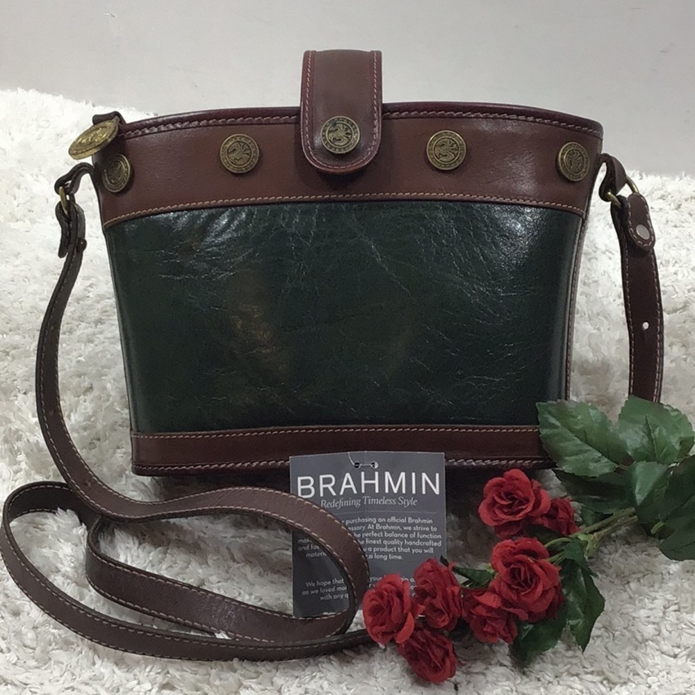 Brahmin vintage green lthr bucket crossbody bag